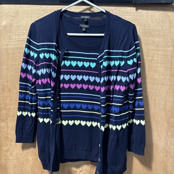 Talbots Sweaters - Talbots Women's Navy Blue Hearts & Stripes Print Cardigan Sweater Size S Rainbow